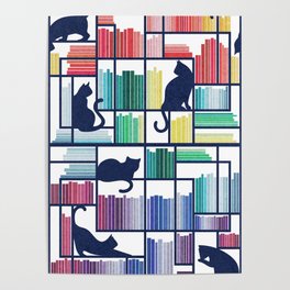Rainbow bookshelf // white background navy blue shelf and library cats Poster
