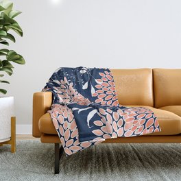 Floral Blooms and Leaves, Navy, Coral and White Throw Blanket