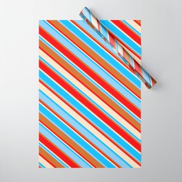 [ Thumbnail: Vibrant Deep Sky Blue, Light Sky Blue, Chocolate, Red & Bisque Colored Striped/Lined Pattern Wrapping Paper ]