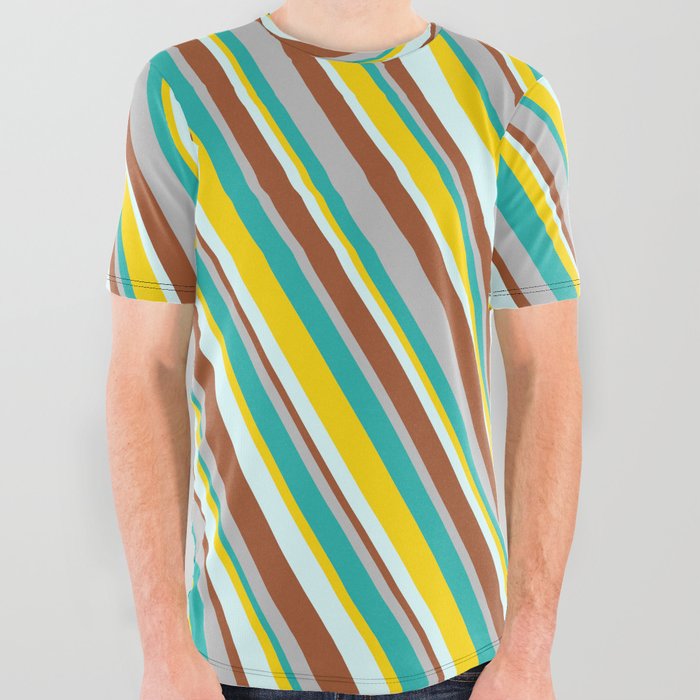 Colorful Grey, Light Sea Green, Yellow, Light Cyan & Sienna Colored Pattern of Stripes All Over Graphic Tee