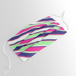 [ Thumbnail: Mint Cream, Midnight Blue, Deep Pink, and Green Colored Lines/Stripes Pattern Face Mask ]