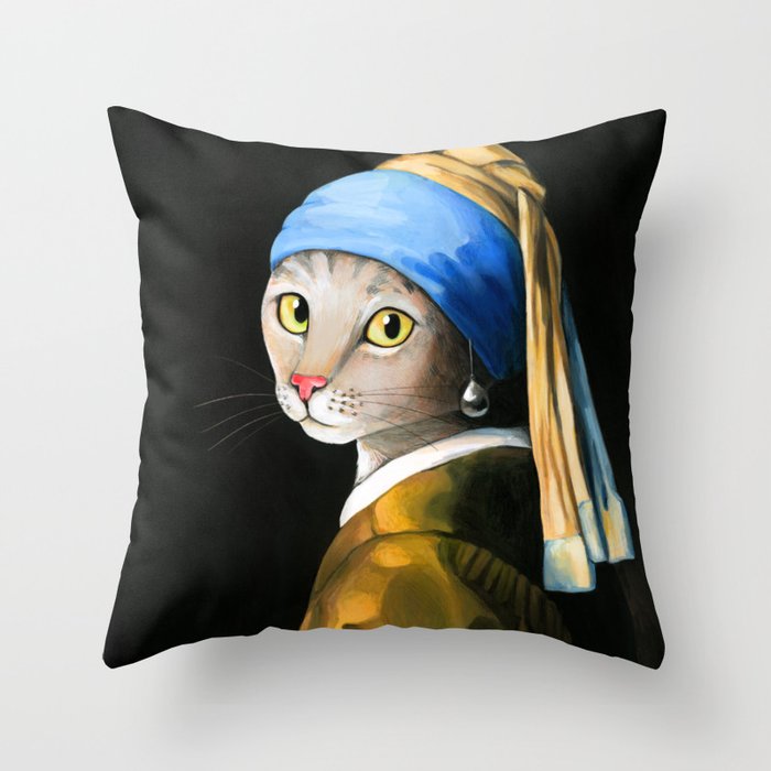 Cat with a pearl earring Throw Pillow