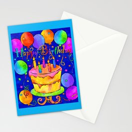 Happy Birthday Celebration with Balloons, Streamers, Cakes in Bright Colors on Blue Stationery Card