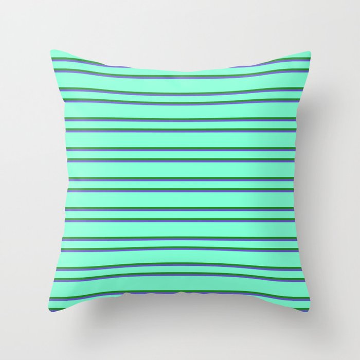 Aquamarine, Forest Green, and Slate Blue Colored Lined Pattern Throw Pillow