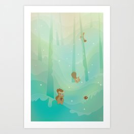 Hide and Seed (Cartoon Squirrels, Mint Green Snow Forest) Art Print