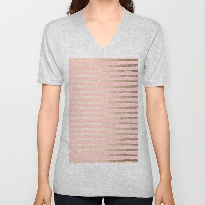 Abstract Stripes Gold Coral Light Pink V Neck T Shirt