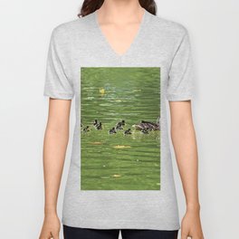 Mallard Duck Mother and Brood of Ducklings Swimming V Neck T Shirt
