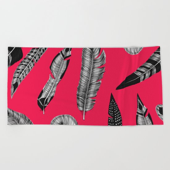 Seamless pattern with various hand drawn feathers on red background. Beach Towel