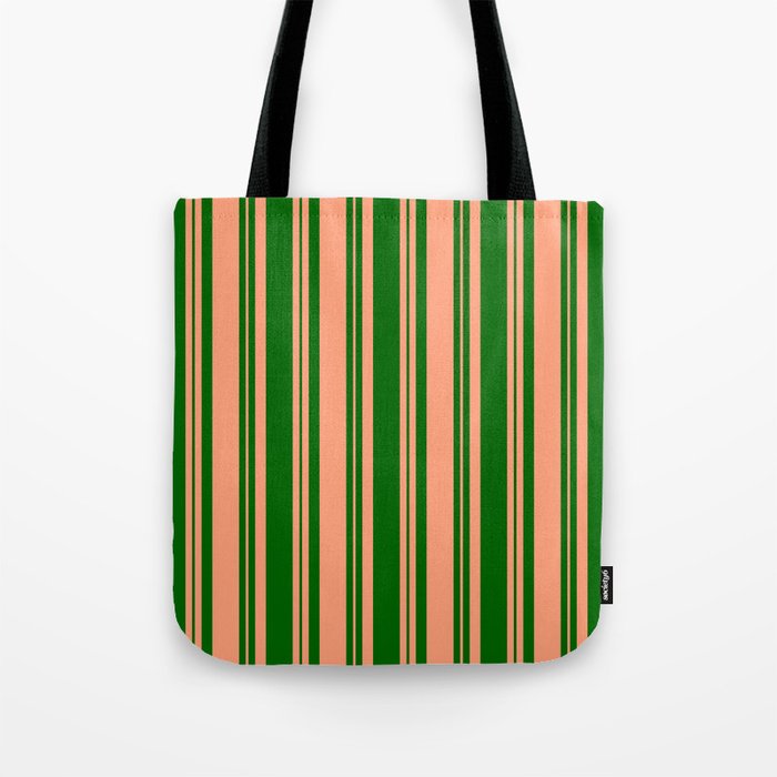 Dark Green and Light Salmon Colored Lines Pattern Tote Bag
