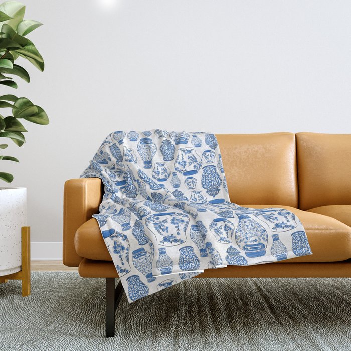 Chinoiserie Blue and White Jars Throw Blanket