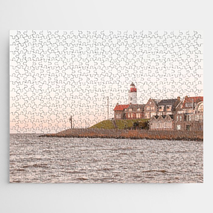 Lighthouse At Sunset Sea View Photo | Coast Of Dutch Village Urk Art Print | Europe Travel Photography Jigsaw Puzzle