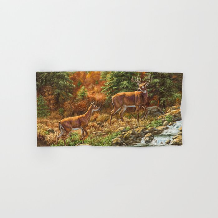 Whitetil Deer Doe & Buck by Waterfall Hand & Bath Towel