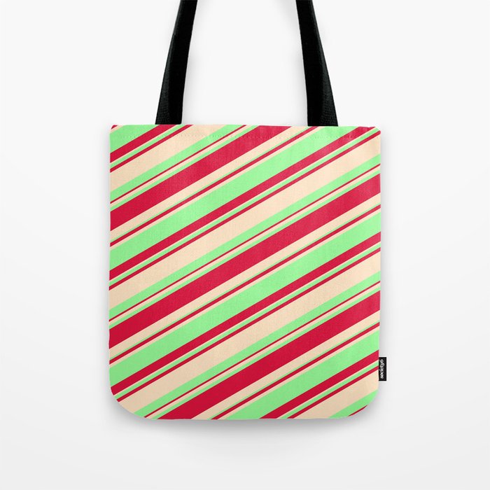 Bisque, Green, and Crimson Colored Striped/Lined Pattern Tote Bag