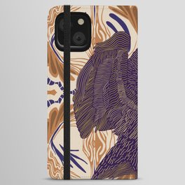 Open winged pelican bird on pattern background - purple iPhone Wallet Case