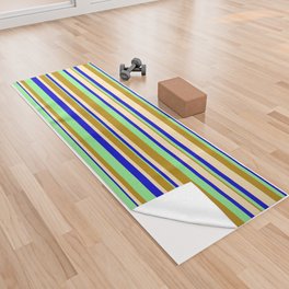 [ Thumbnail: Light Green, Dark Goldenrod, Beige, and Blue Colored Stripes/Lines Pattern Yoga Towel ]