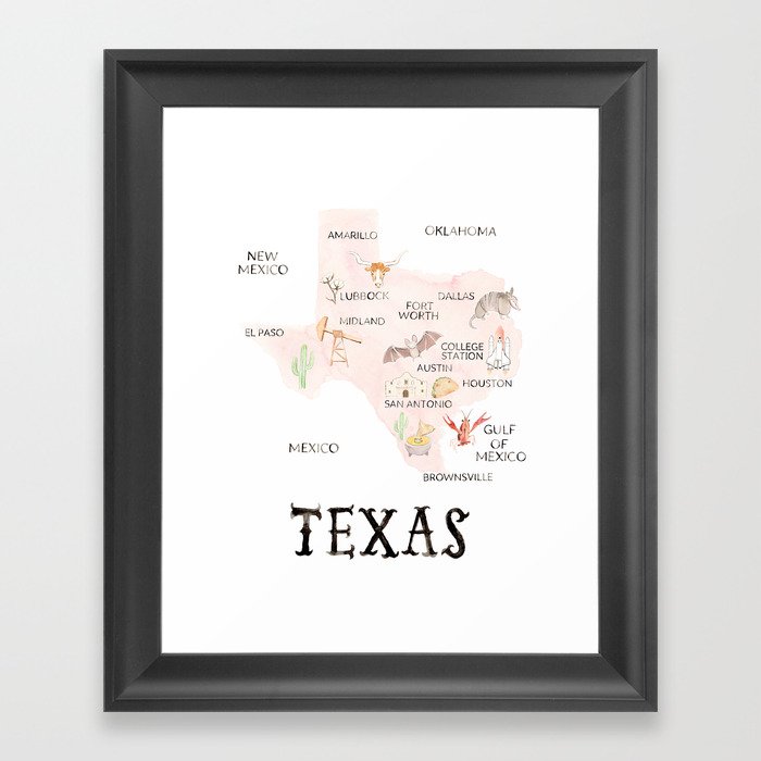 Watercolor Texas Map Framed Art Print