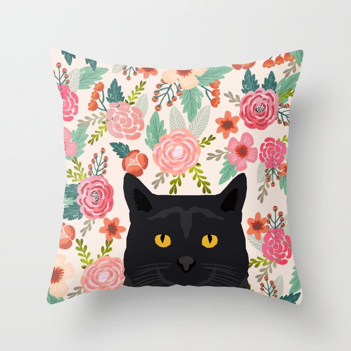 Black Cat florals spring summer animal portrait pet friendly cat lady gifts for her or him cute cats Throw Pillow