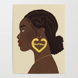 Black Women Portrait - Gold Bamboo Hoop Earrings - Empowering Black Woman Art Poster