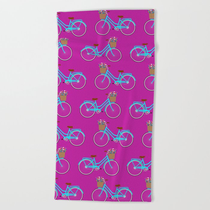 Bicycle with flower basket on purple Beach Towel