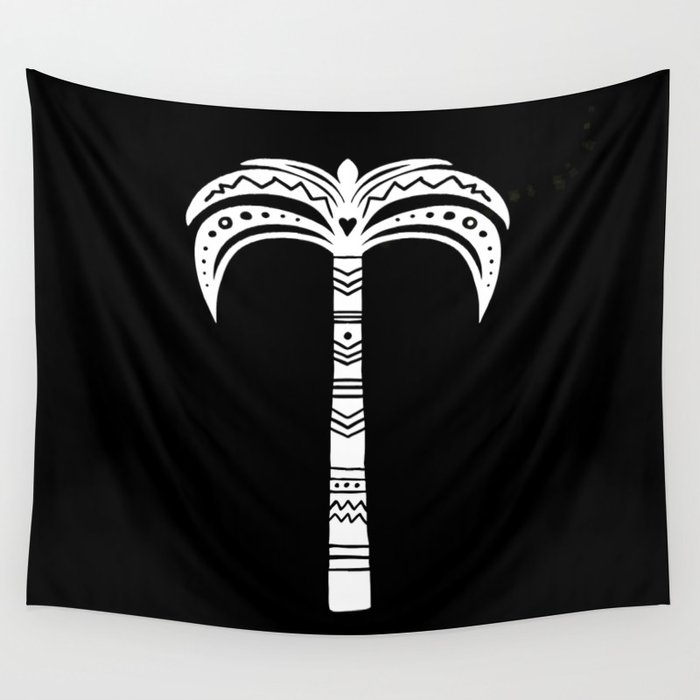 Black And White Palm Tree Hand Drawn Pattern Wall Tapestry