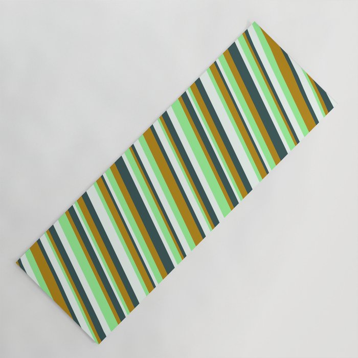 Green, Dark Goldenrod, Dark Slate Gray & Mint Cream Colored Lines/Stripes Pattern Yoga Mat