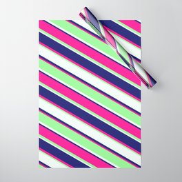 [ Thumbnail: Mint Cream, Midnight Blue, Deep Pink, and Green Colored Lines/Stripes Pattern Wrapping Paper ]