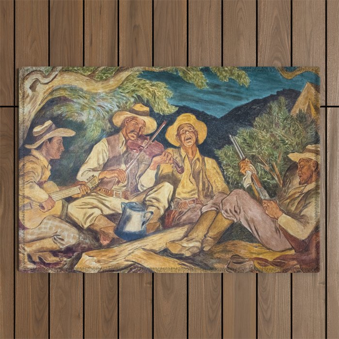 Texas Ranger Troop in Camp Singing with Guitar, WPA Mural landscape painting by Ward Lockwood Outdoor Rug