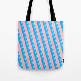 [ Thumbnail: Deep Sky Blue and Light Pink Colored Striped/Lined Pattern Tote Bag ]