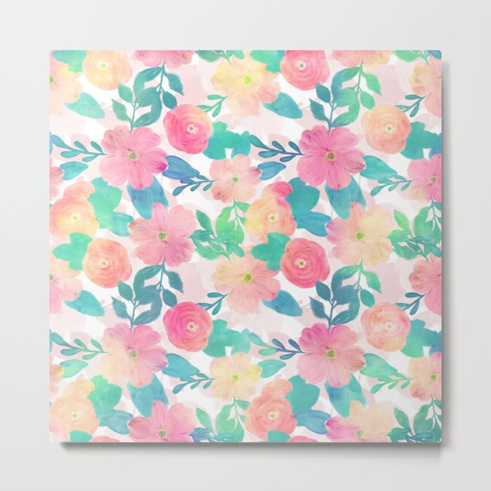 Pink Blue Hand Paint Floral Girly Design Metal Print