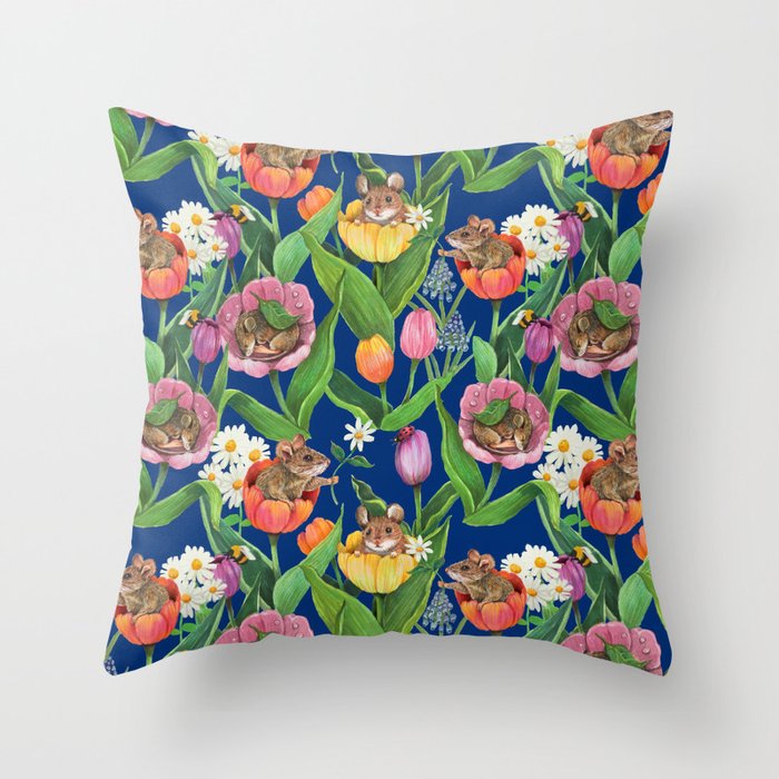 Spring Tulips with Cute Mouse - blue Throw Pillow