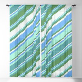 [ Thumbnail: Colorful Blue, Aquamarine, Teal, Dark Green, and Mint Cream Colored Lines/Stripes Pattern Sheer Curtain ]