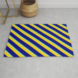 [ Thumbnail: Sea Green, Turquoise, Yellow & Blue Colored Stripes Pattern Rug ]