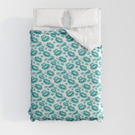 Two Kisses Collided Turquoise Lips Pattern On White Background Duvet Cover