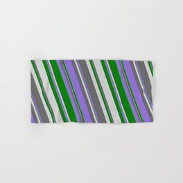 [ Thumbnail: Dim Gray, Purple, Green & Light Grey Colored Lined Pattern Hand & Bath Towel ]