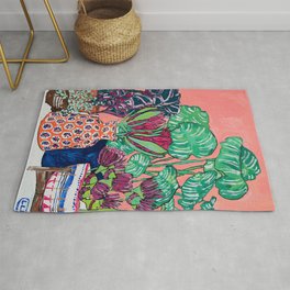 Cluster of Houseplants and Proteas on Pink Still Life Painting Rug