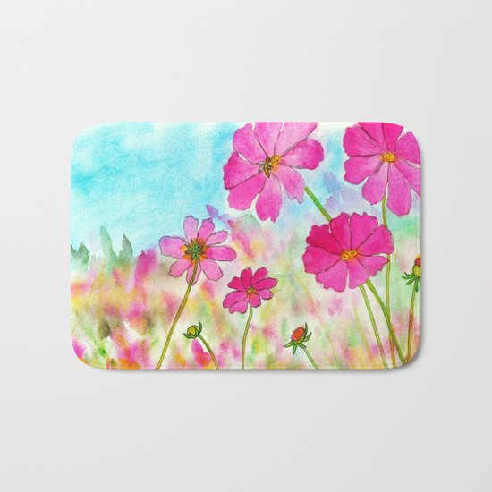 Symphony In Pink, Watercolor Wildflowers Bath Mat