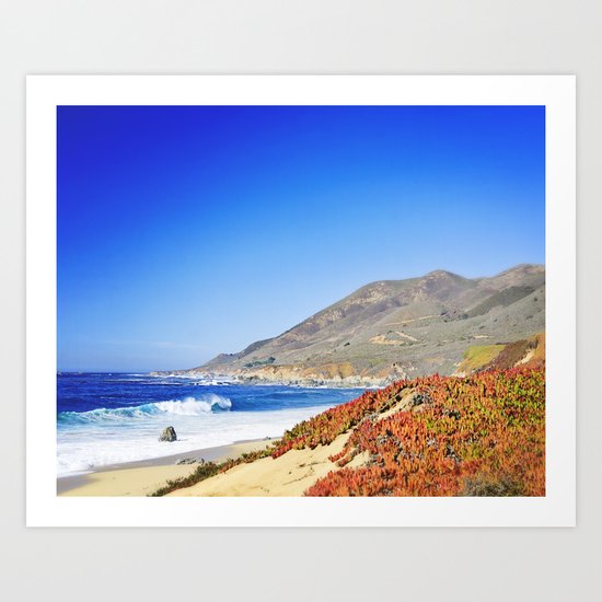 Vibrant Red Ice Plant on Beach, Big Sur, California Art Print