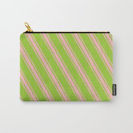 [ Thumbnail: Green & Light Pink Colored Lined/Striped Pattern Carry-All Pouch ]