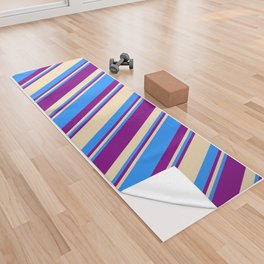 [ Thumbnail: Blue, Tan, and Purple Colored Striped Pattern Yoga Towel ]