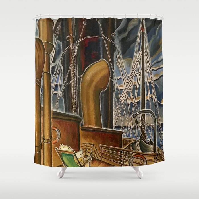 Trans-Atlantic Journey; Taking in the Morning Sights Deck-side nautical WPA landscape painting  Shower Curtain