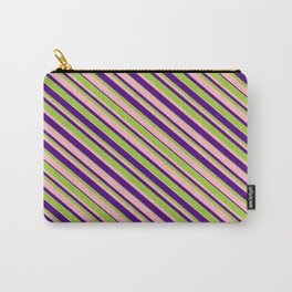 [ Thumbnail: Green, Light Pink & Indigo Colored Striped Pattern Carry-All Pouch ]