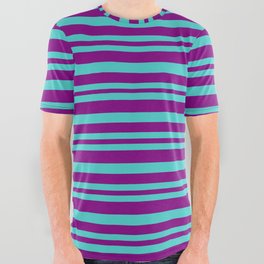 [ Thumbnail: Purple & Turquoise Colored Pattern of Stripes All Over Graphic Tee ]
