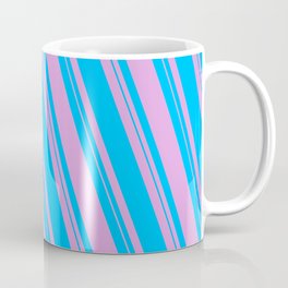 [ Thumbnail: Plum & Deep Sky Blue Colored Lined Pattern Coffee Mug ]