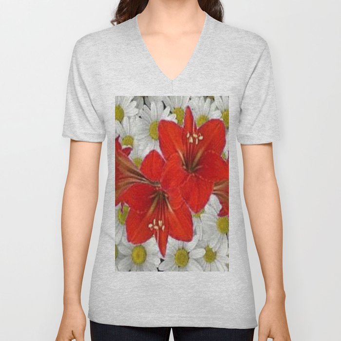 RED AMARYLLIS WHITE DAISIES FLORAL ART V Neck T Shirt