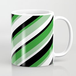 [ Thumbnail: Forest Green, Dark Sea Green, White & Black Colored Striped Pattern Coffee Mug ]