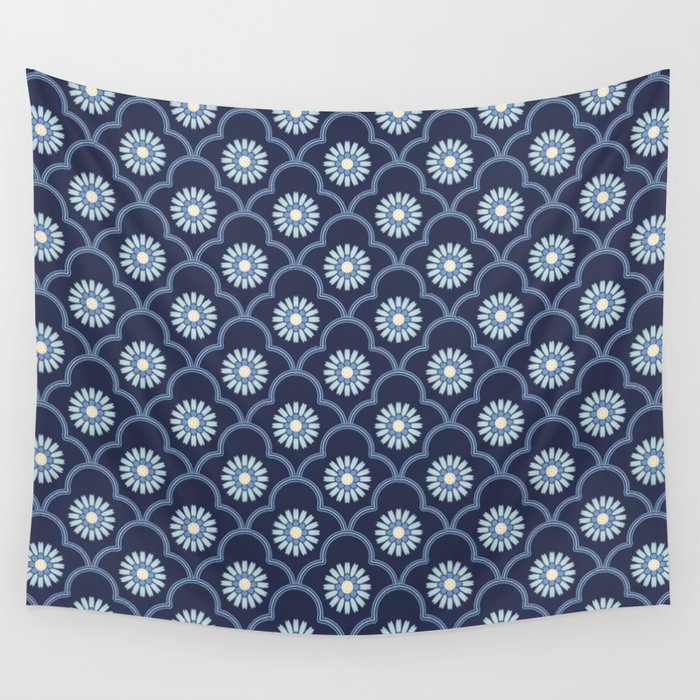 Ethnic Ogee Floral Pattern Blue Wall Tapestry
