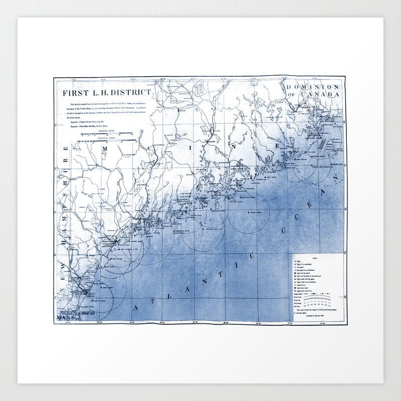 Vintage Blue And White Maine Coast Lighthouse Map With Watercolor Overlay Art Print
