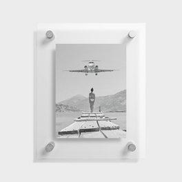 Steady As She Goes; aircraft coming in for an island landing black and white photography- photographs Floating Acrylic Print