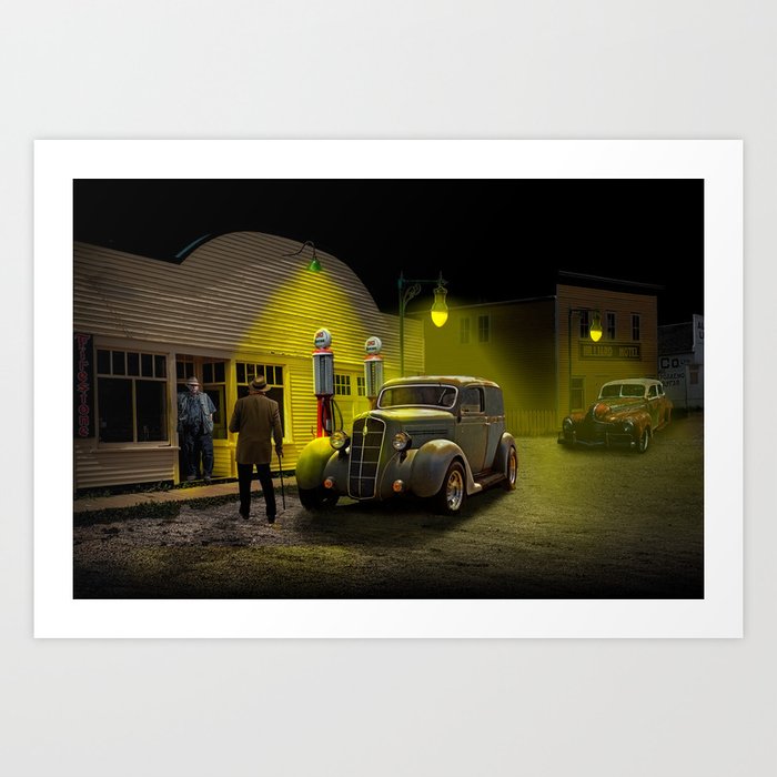 Evening at the Gas Station with Vintage Automobiles Art Print