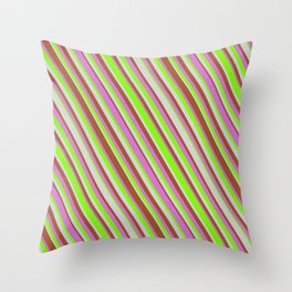 [ Thumbnail: Sienna, Orchid, Green & Light Gray Colored Stripes Pattern Throw Pillow ]